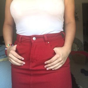 red denim skirt